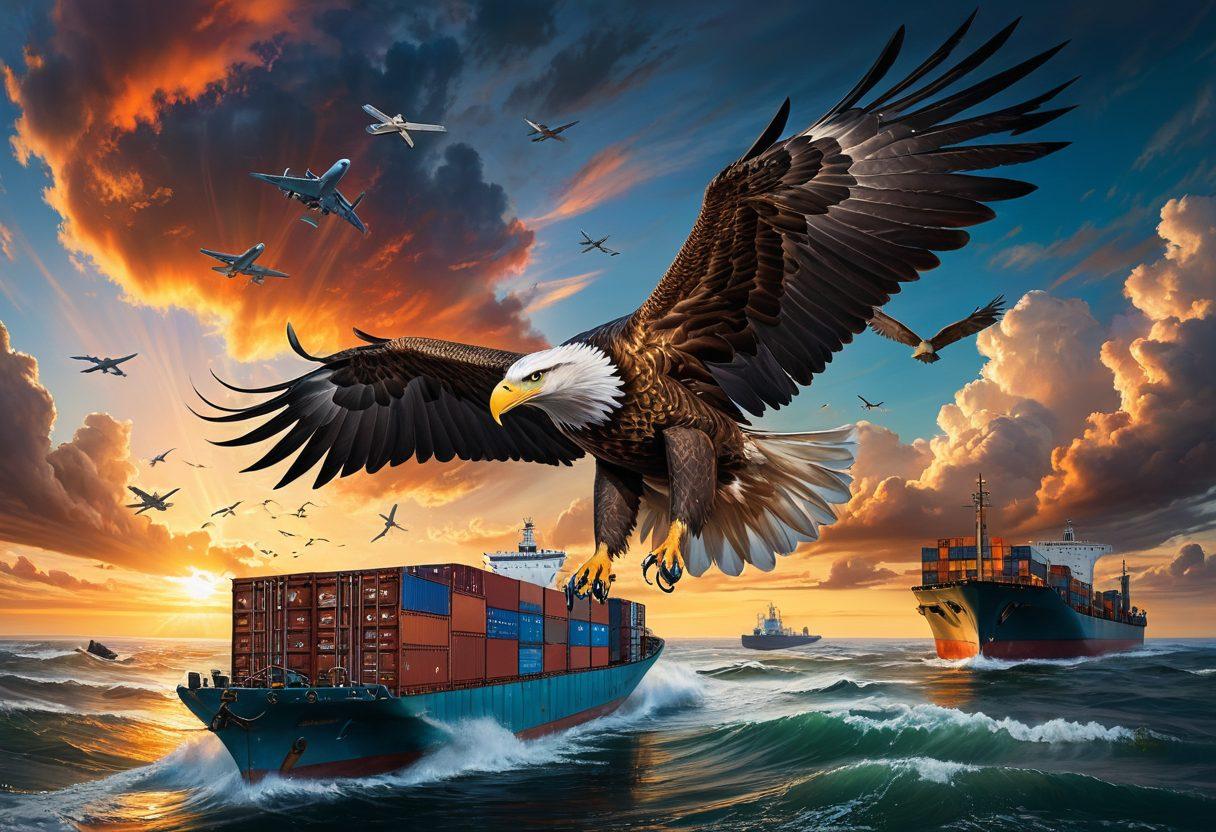 A majestic eagle soaring above a vast ocean, carrying a shipping container in its powerful talons, with various modes of transportation like ships, planes, and trucks below, all seamlessly connected. super-realistic. vibrant colors. dramatic sky.