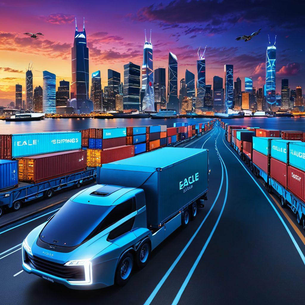 A modern logistics network with a fleet of sleek, high-tech trucks labeled 'Eagle Shipping' seamlessly moving across a digitally interconnected map of global trade routes. Include elements like city skylines, shipping containers, and sophisticated dashboard interfaces showcasing real-time data. super-realistic. vibrant colors. futuristic style.
