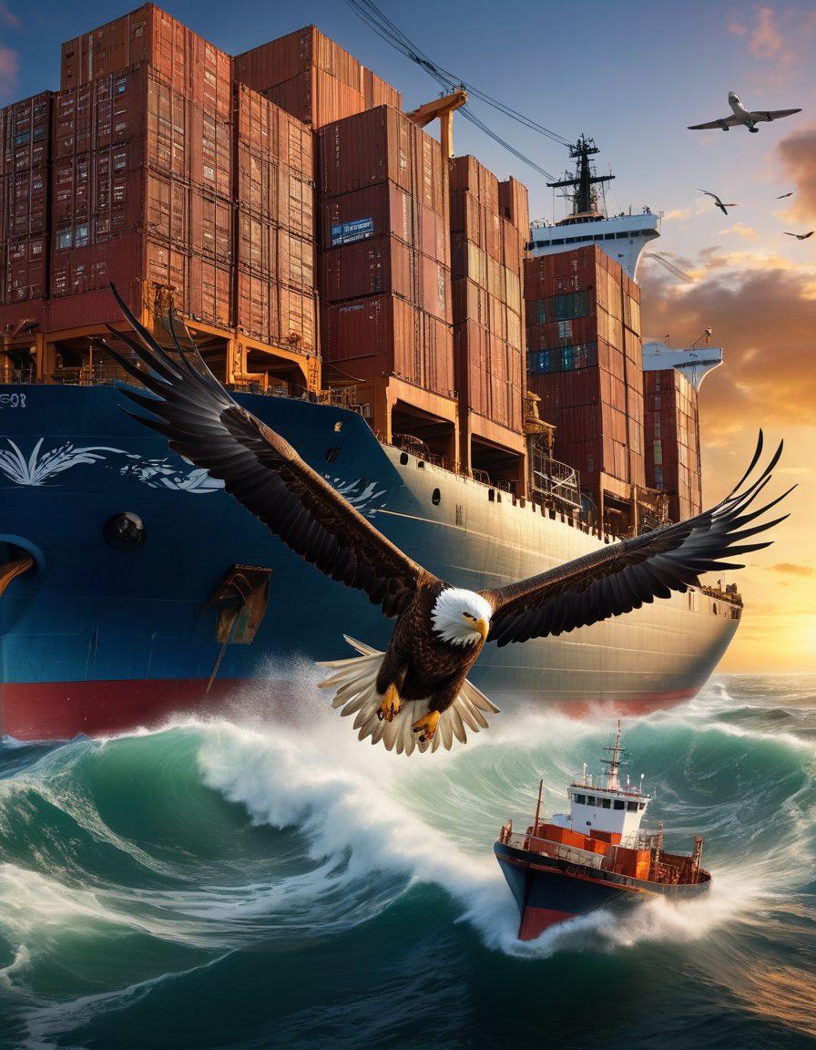 A majestic eagle soaring above the globe, with intricate shipping routes and cargo ships on vast oceans. The eagle symbolizes leadership and precision as it guides massive cargo ships through interconnected global ports. Detailed ocean waves and cargo containers highlight the complexity and efficiency of global logistics. super-realistic. vibrant colors. dynamic composition.